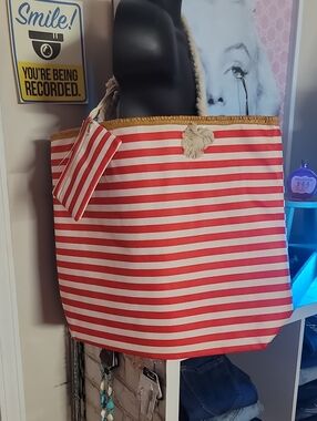 LOF Red and White Striped Rope-Handle Tote